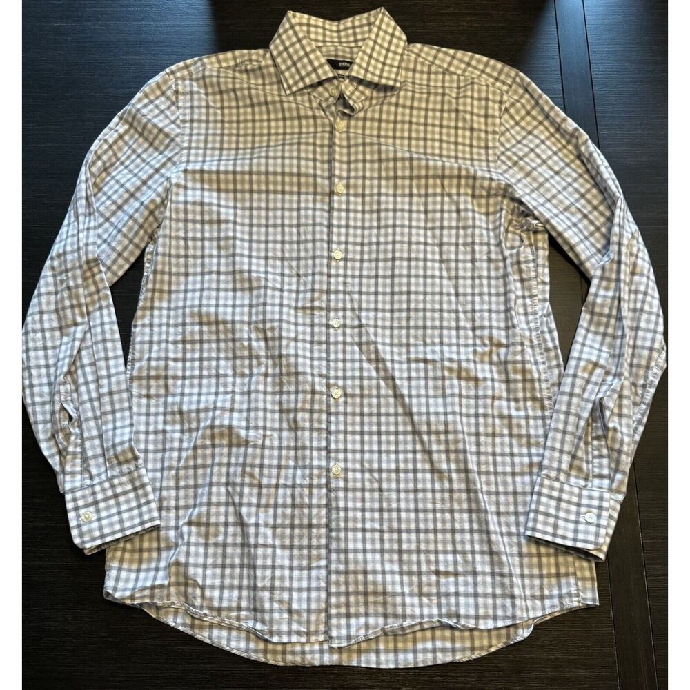 Hugo Boss Sharp Fit Button Up Shirt Size 16/34-35 Gray Plaid